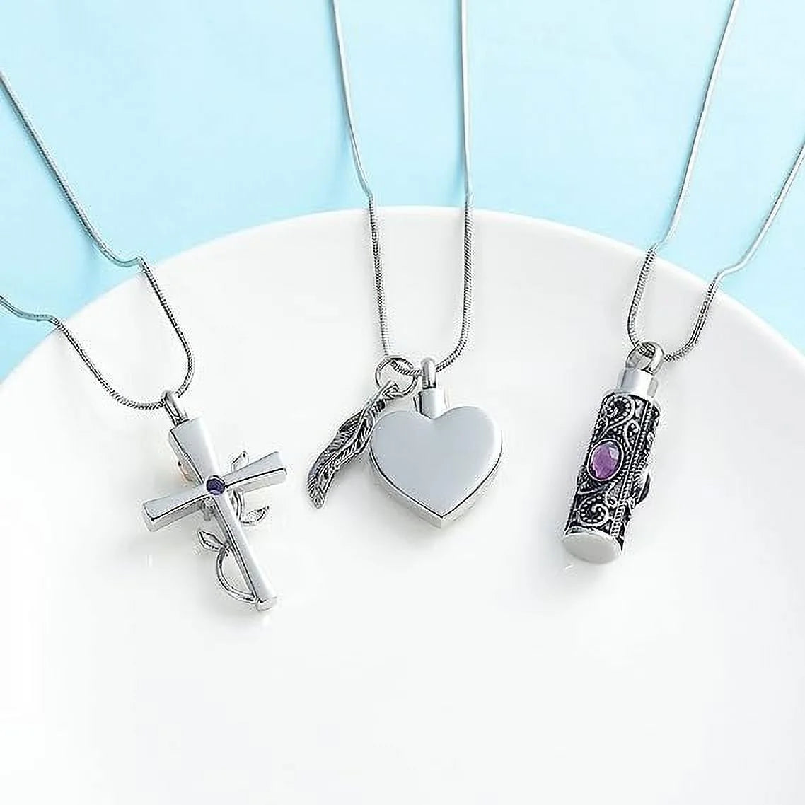 Cylinder Cross Heart Memorial Urn Necklace, Stainless Steel, 3 Pieces Set
